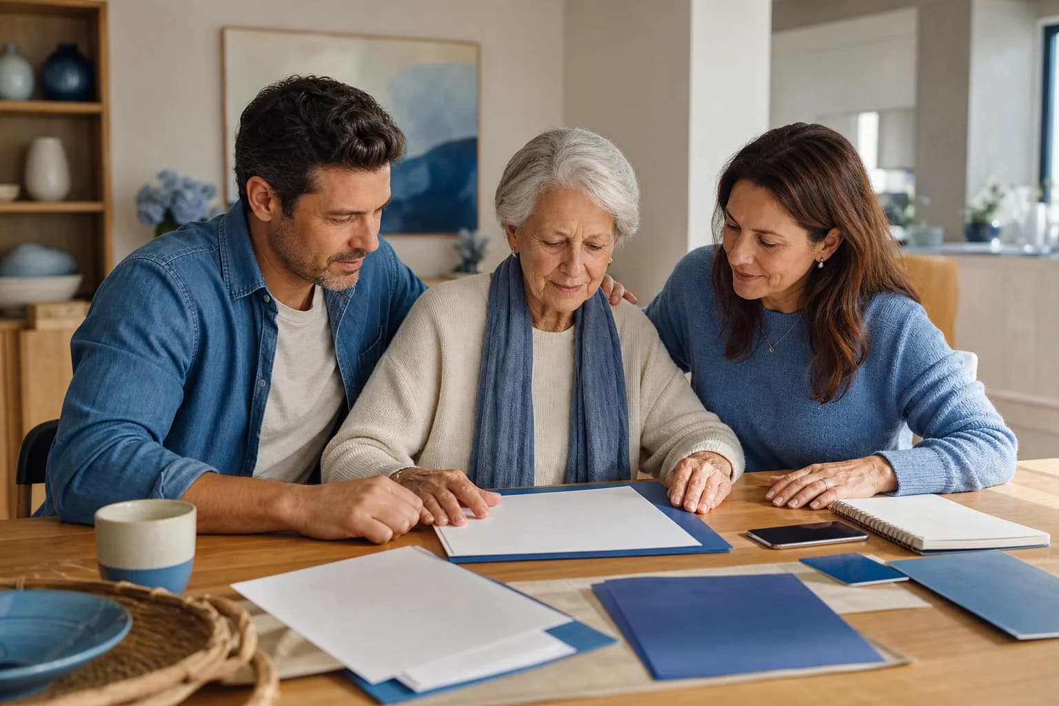A family calmly working through a written recovery checklist after a scam