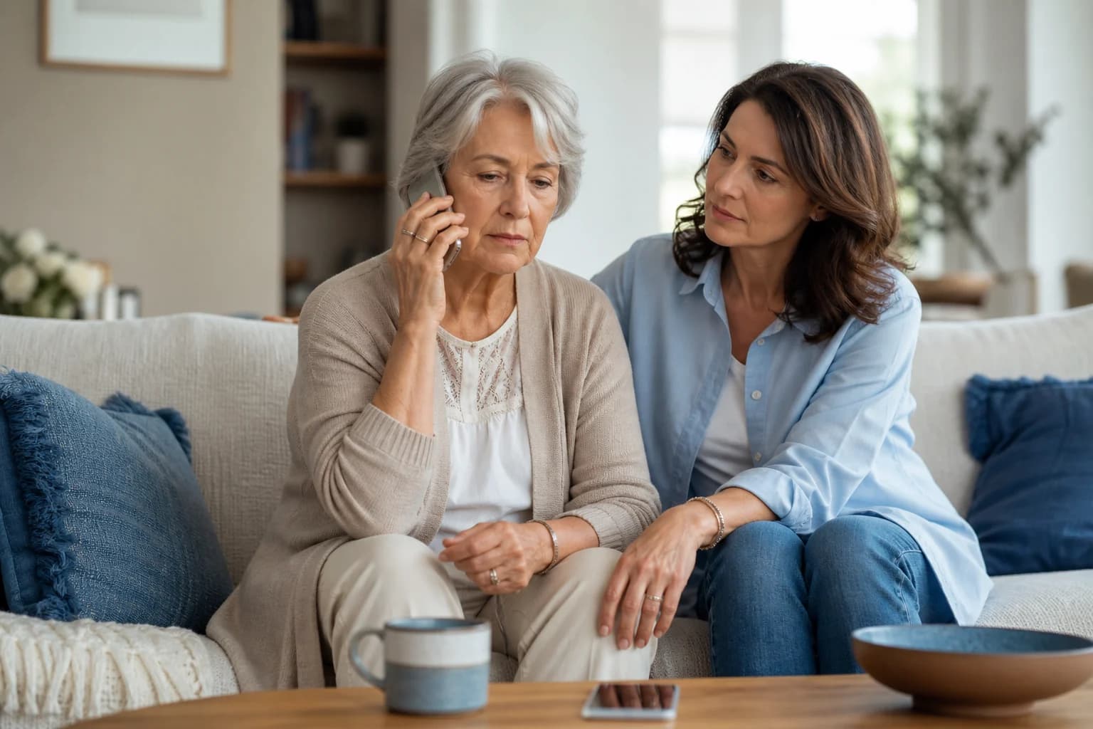 A mother pausing during an urgent phone call while checking a trusted family contact