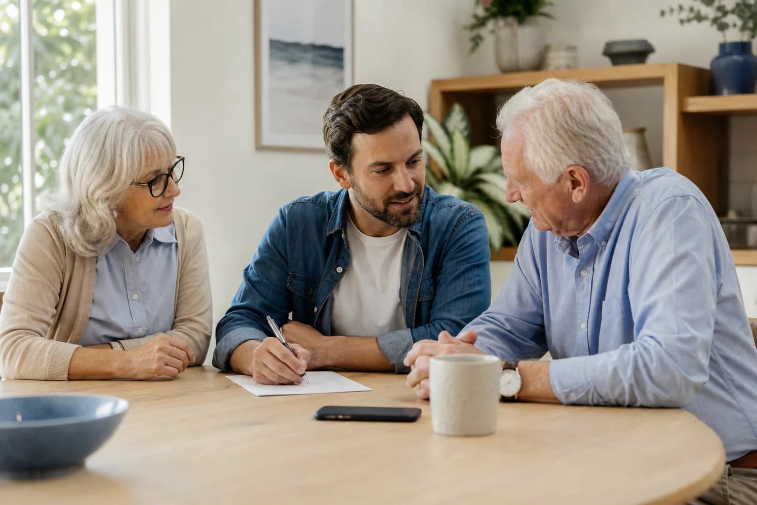 An adult daughter and her father making a simple family safety plan together at a kitchen table