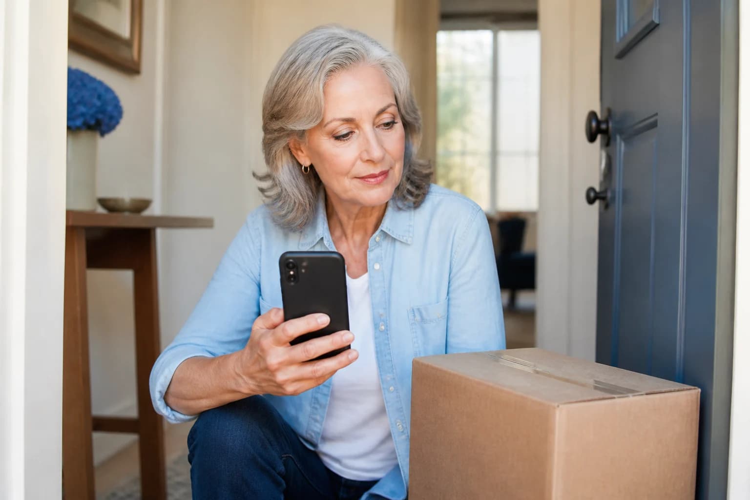 A person ignoring a suspicious delivery text and checking an order in the retailer’s official app