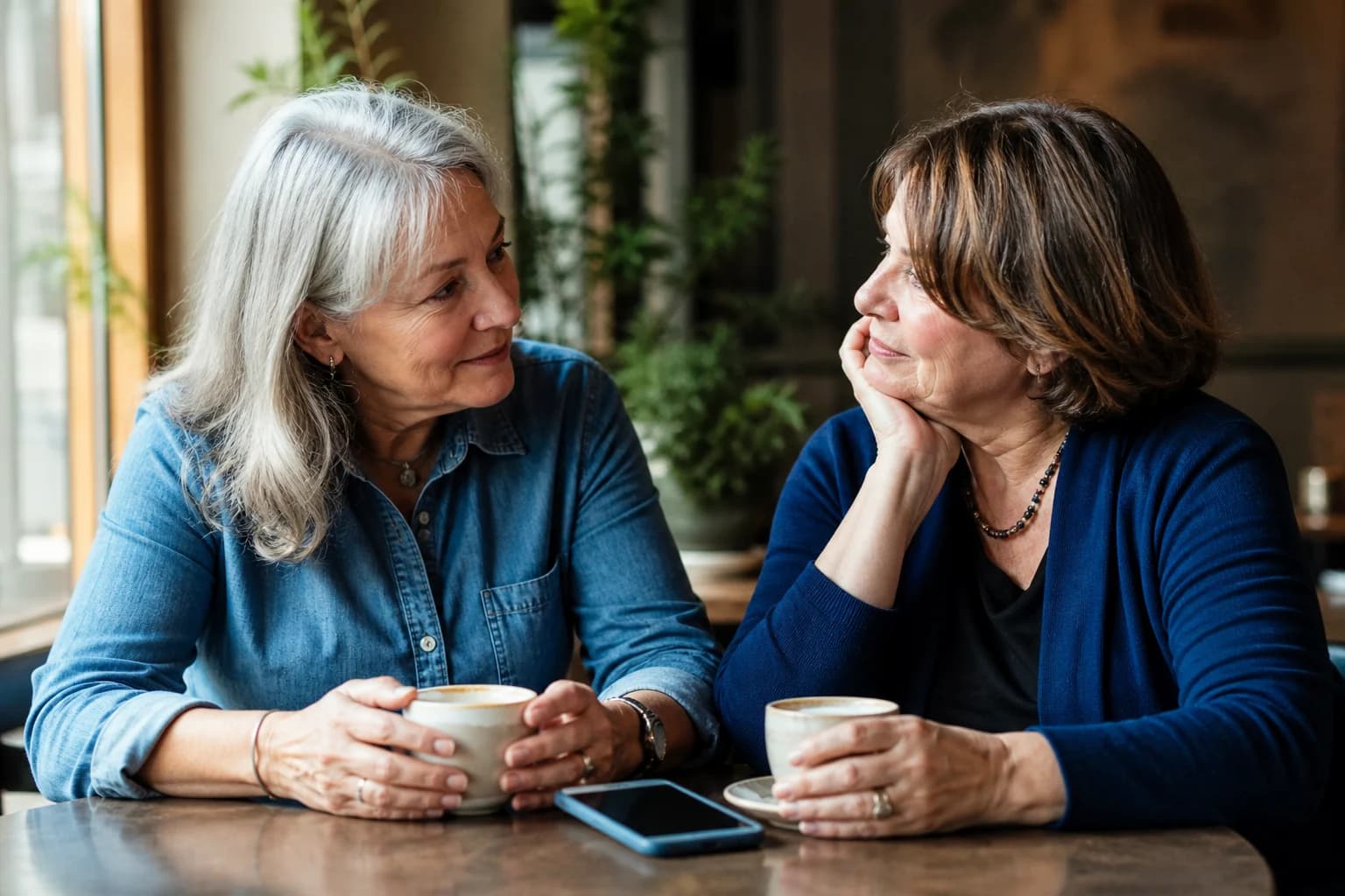 A parent and adult child having a supportive conversation about an online relationship