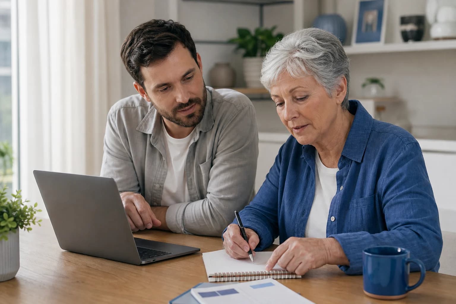 A job seeker reviewing an unexpected online work offer with a trusted person