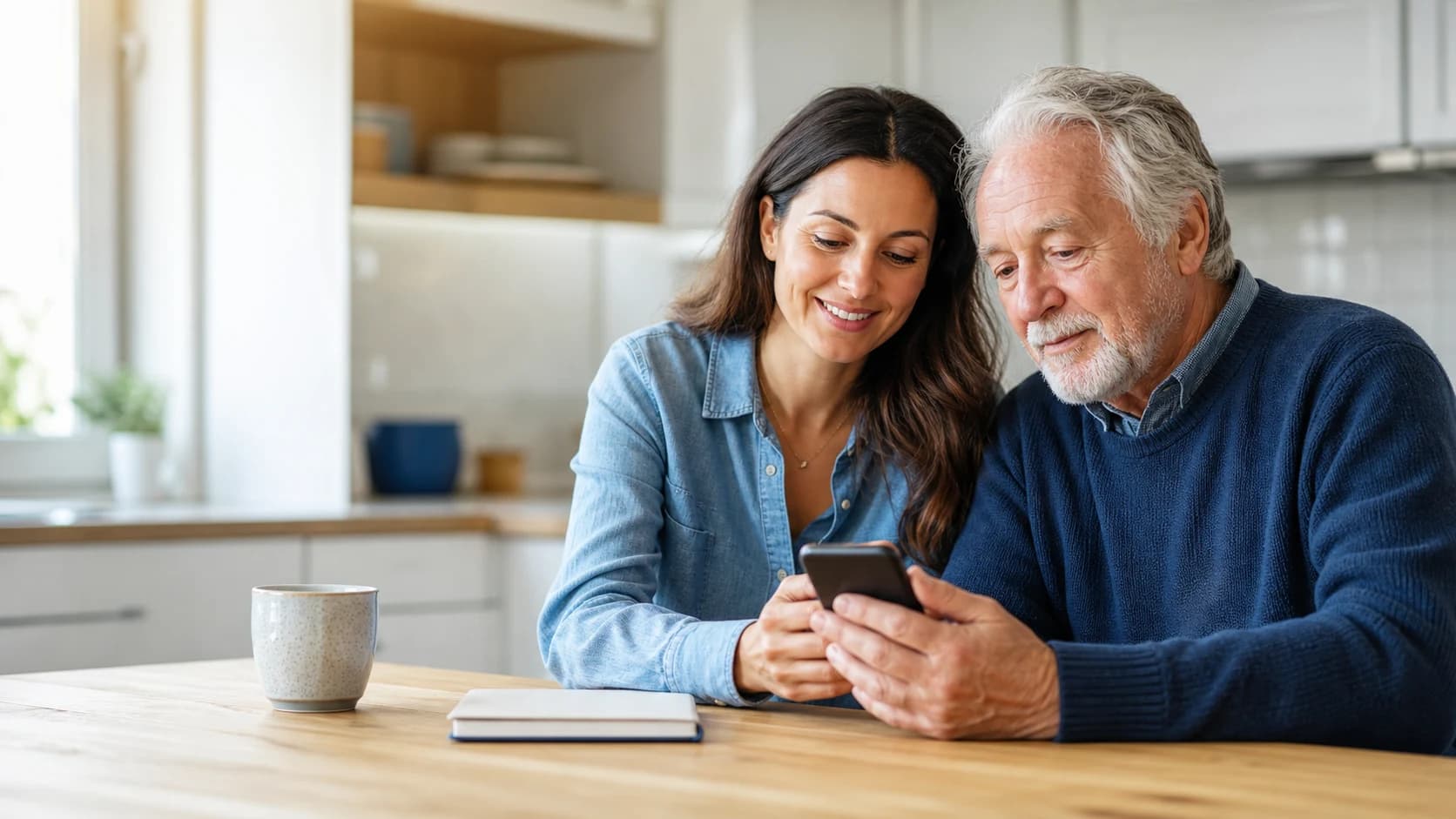 An adult daughter helping her father review a message on his phone
